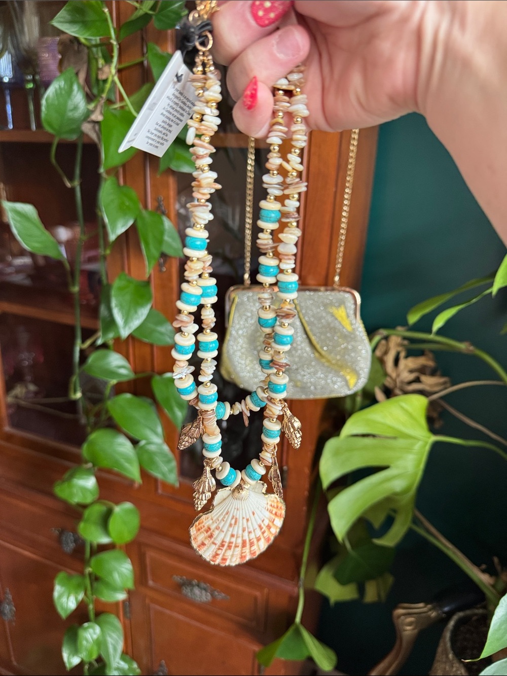 Handmade Shell Pendant Necklace with Turquoise Beads - Beach Statement Jewelry